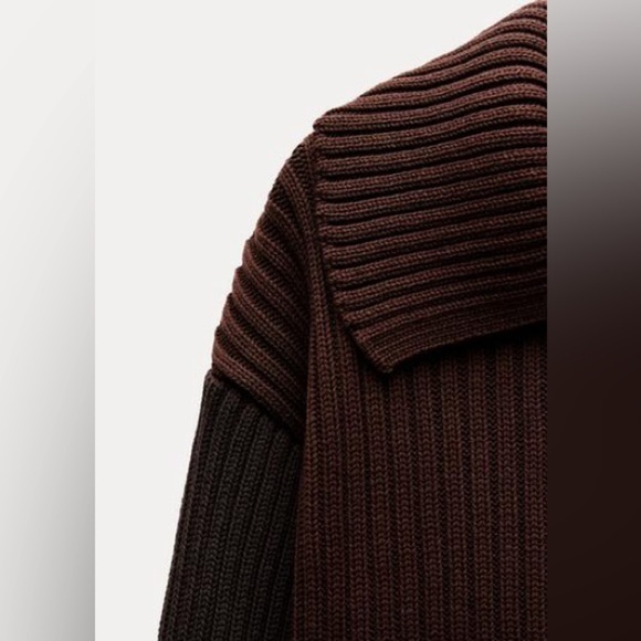 NWT. Zara Two-Toned Brown Rib Knit Cropped Sweater. Size M. - Picture 8 of 11